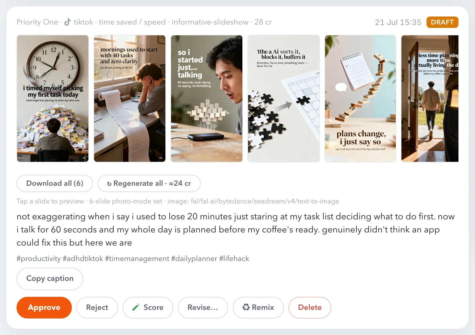 A six-slide TikTok photo-mode set with its caption and hashtags, awaiting approval